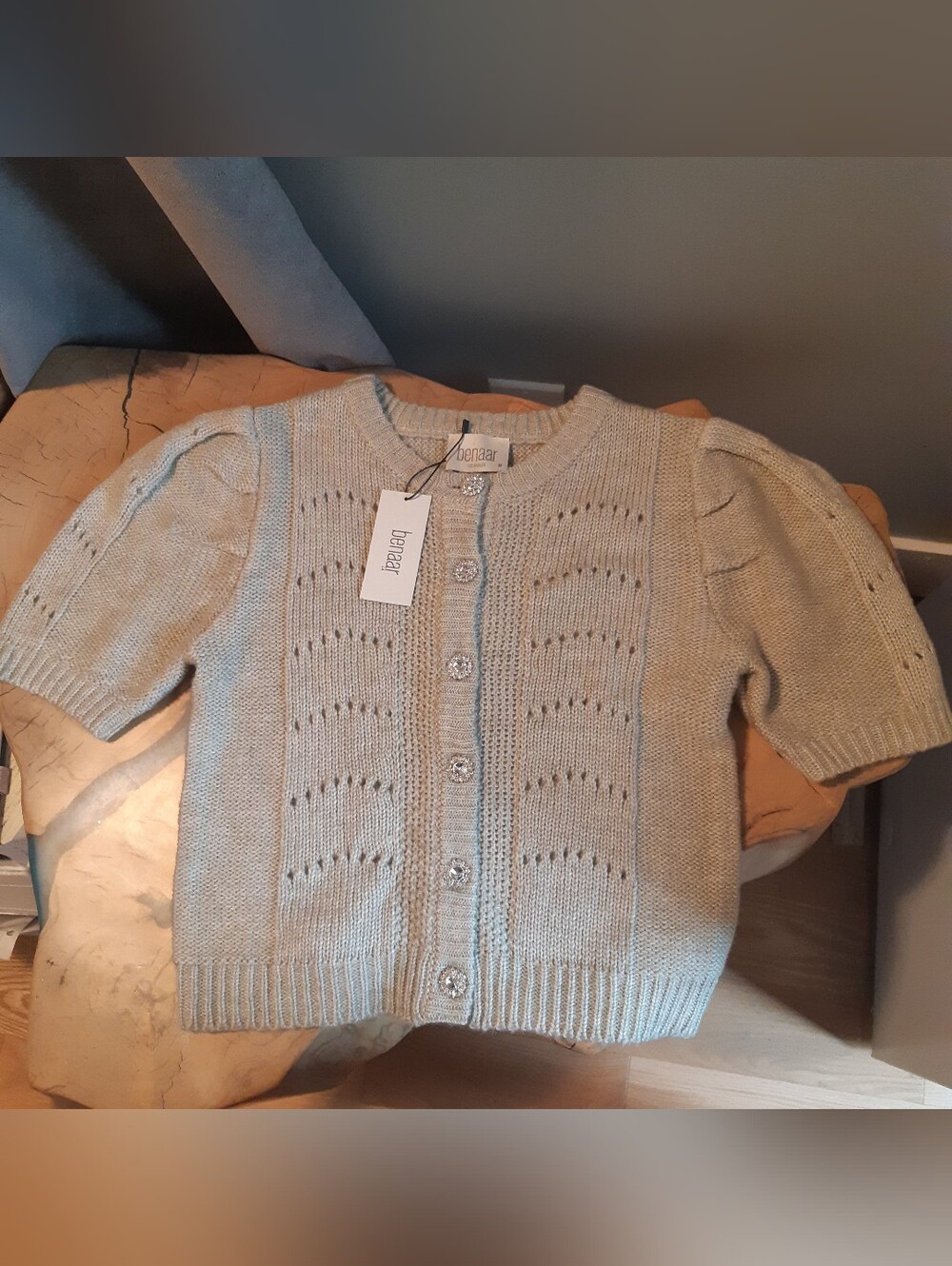 Short Sleeve Knit Cardigan in Light Sage by Benaar